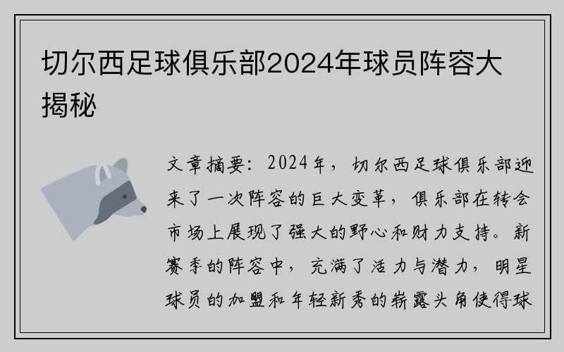 切尔西足球俱乐部2024年球员阵容大揭秘