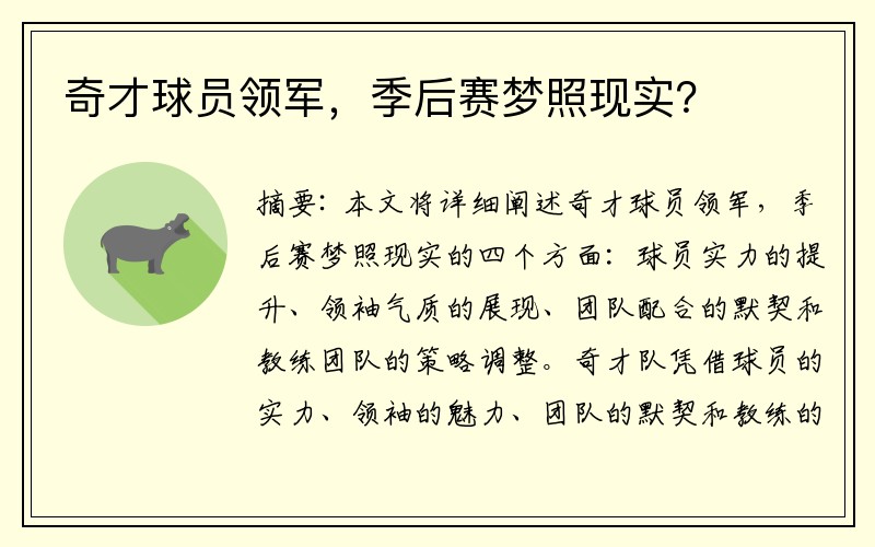 奇才球员领军，季后赛梦照现实？