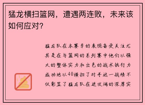 猛龙横扫篮网，遭遇两连败，未来该如何应对？